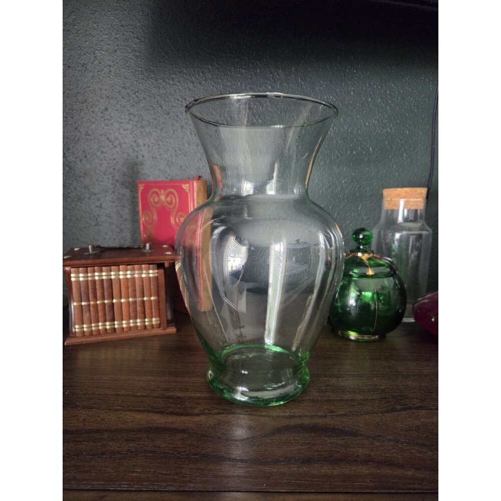 Vintage Mexican Recycled Glass Vase Green Tint Hand Blown 10.75" Pontil Mark